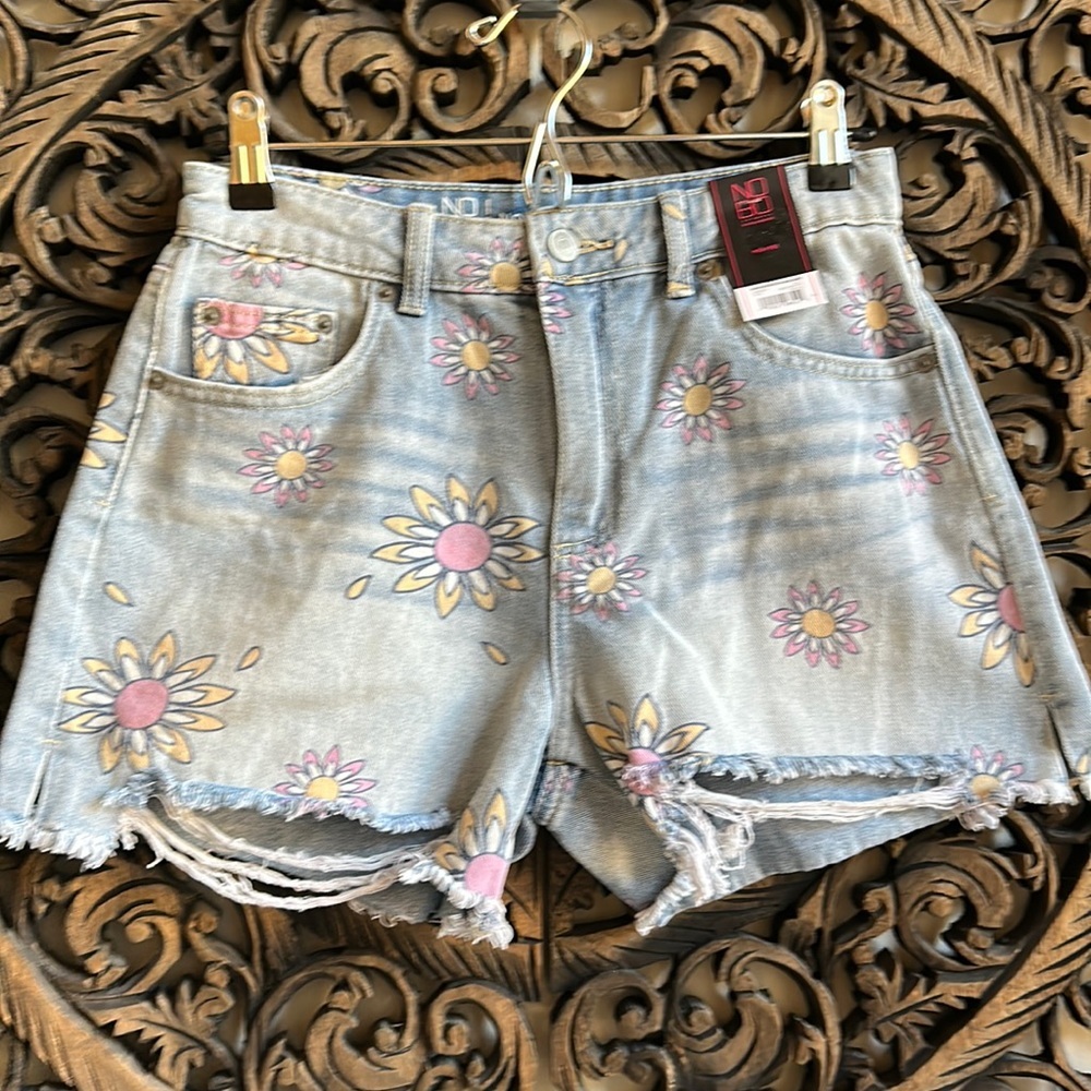 NOBO No Boundaries High Rise Denim Floral Print Destructed MIDI Shorts